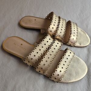 Kate Spade Metallic Gold Brittany Cutout Scalloped Strap Slide Sandals NWOB